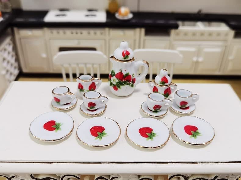 Product photo of 🍓 Sale 🍓 31Pcs Strawberry 1:12 Miniature Porcelain Tea Cup Set