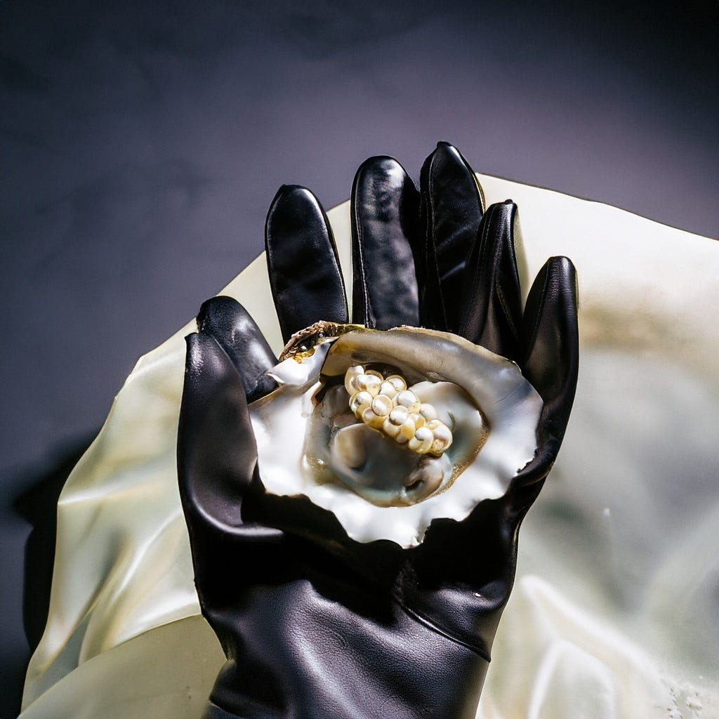 A black leather glove holds an oyster on the half-shell with pearls inside.