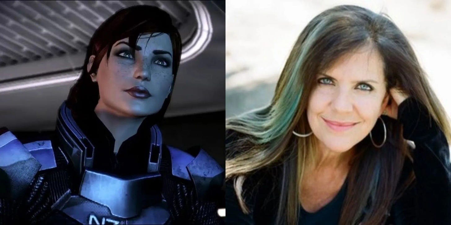 Jennifer Hale and commander shepard from mass effect side by side