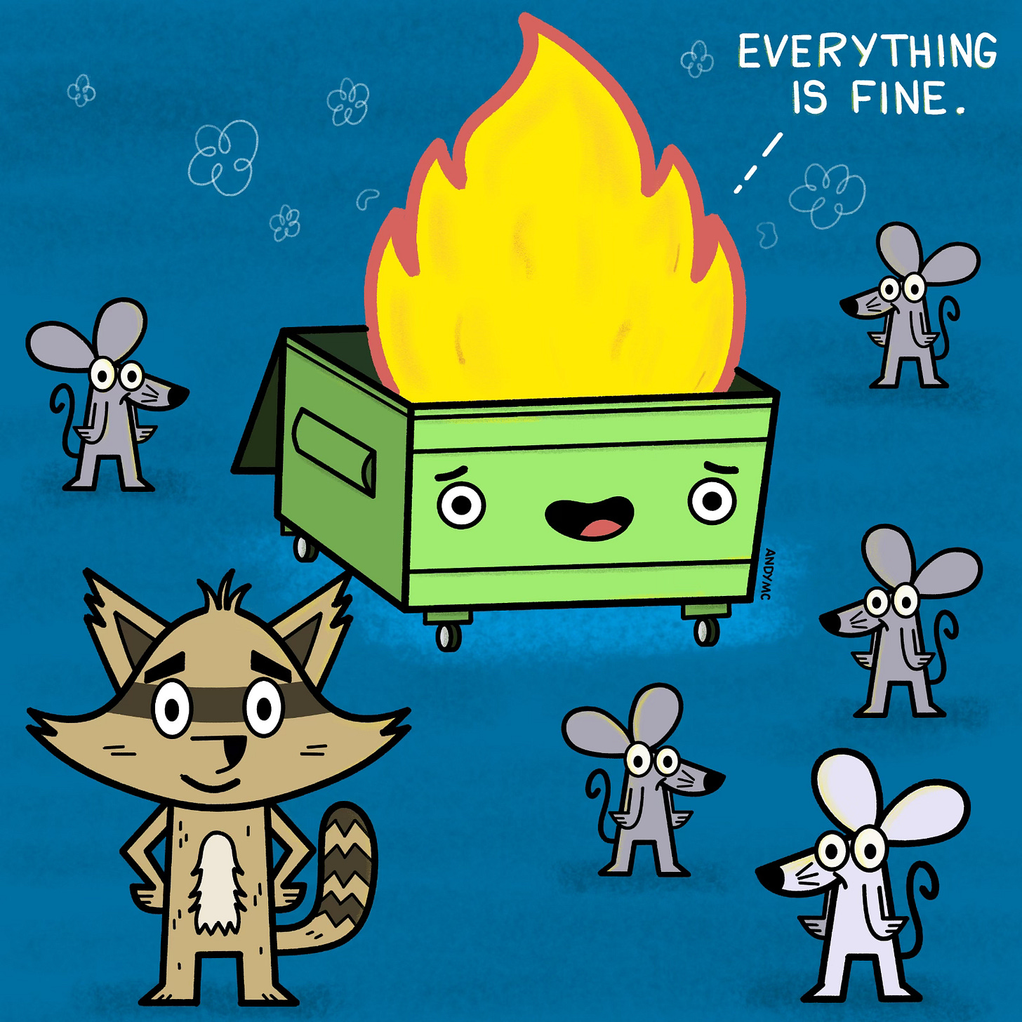 a cartoon illustration of a dumpster fire, raccoon , and group of rats