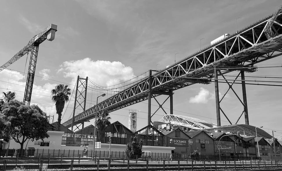 Black and white photograph of the Tagus River Bridge