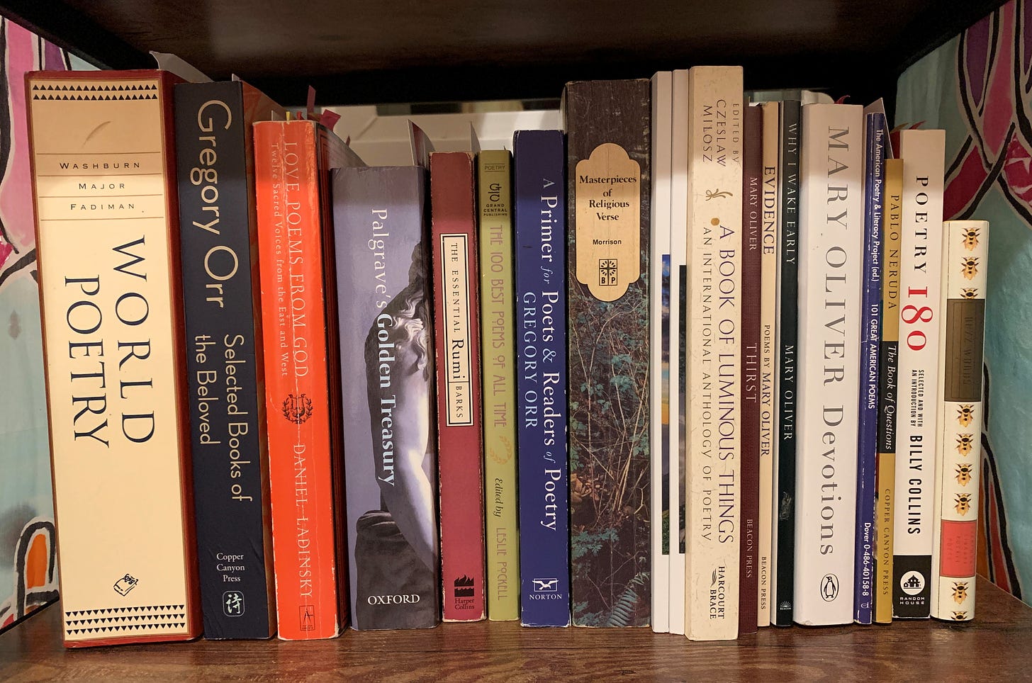 A collection of fat and thin poetry books standing upright on a shelf.