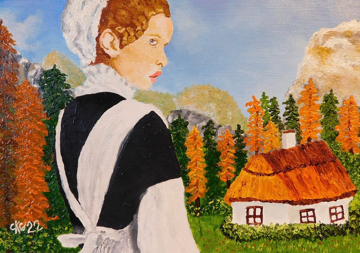 painting of a maid standing in front of a house in the forest