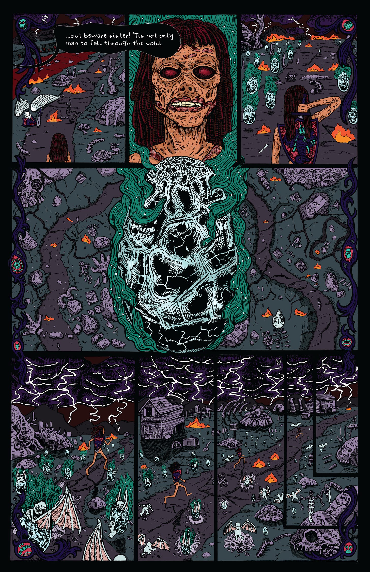 page 6 of skingirl. Skingirl finds herself in a field of demon eggs. From off panel Enzo yells "but beware, sister! 'Tis not only man to fall through the void. Skingirl picks up a sword and shield and runs through the hatching eggs.