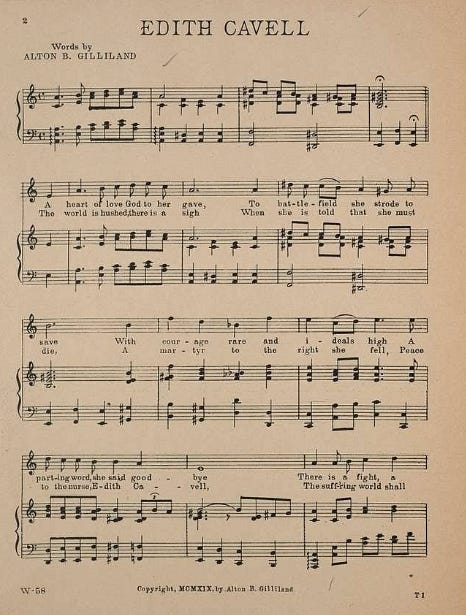 A picture of a page of music notation for an anti-German song. The other lyrics are as bad as the verse I mention in the text.