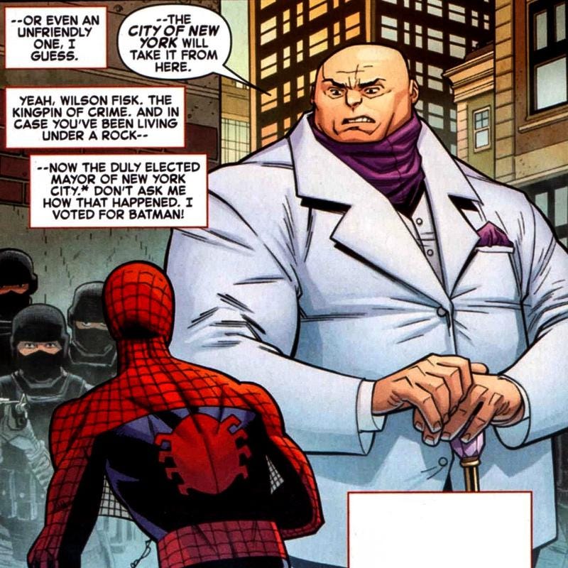 Comic panel showing Spidey and Kingpin, with narration saying Kingpin is mayor of New York. Spidey jokes, 'Don't ask me how that happened. I voted for Batman'