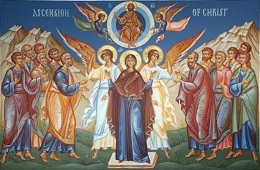 A traditional depiction of the Ascension with Jesus, the disciples, and angels.