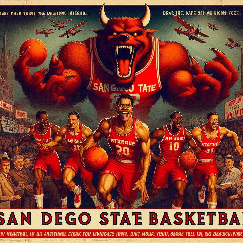 San Diego State basketball on a 1920s wartime poster