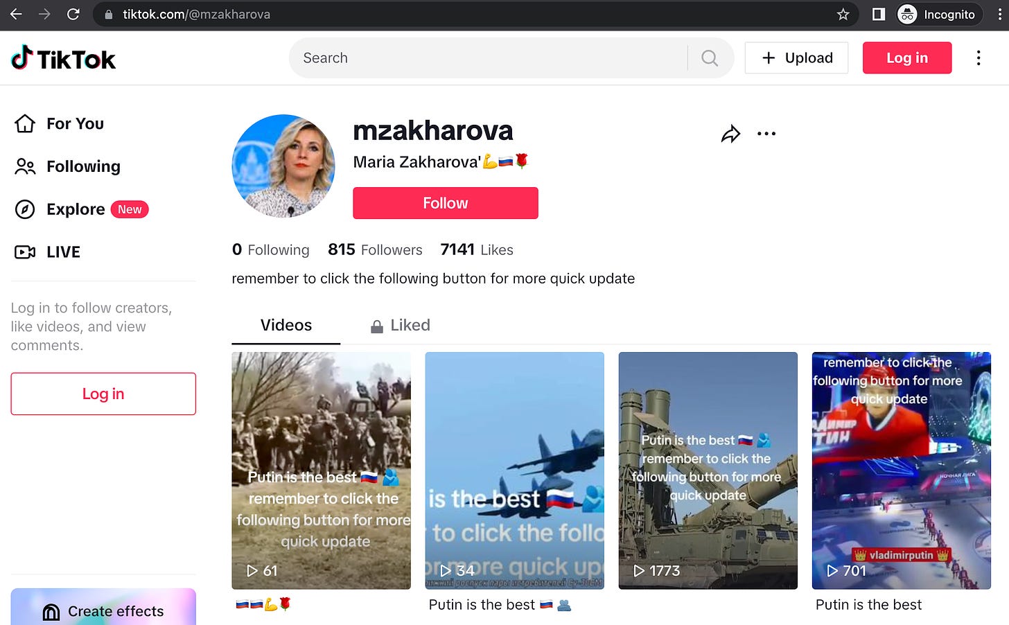 screenshot of @mzakharova TikTok account