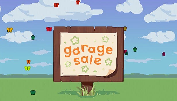 the logo for Garage Sale, a pixel art wooden sign with a piece of paper tacked to it that says "garage sale"