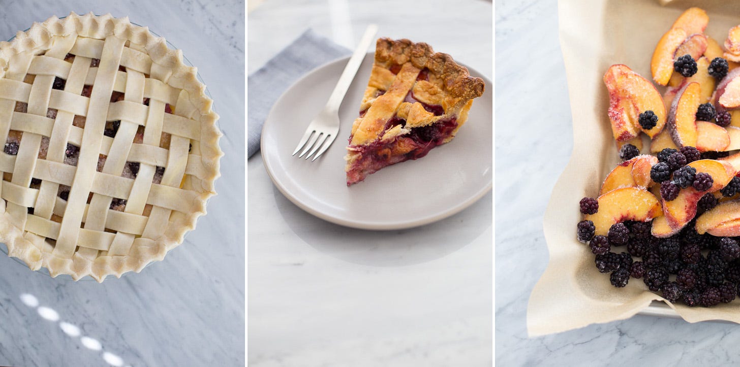 Three photos of a peach-blackberry pie