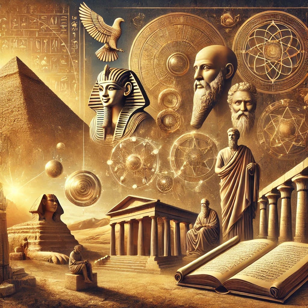 An artistic depiction of ancient wisdom as the foundation of motivation, showcasing ancient civilizations like Egypt, Greece, China, and India. The image features ancient symbols of knowledge such as scrolls, tablets, and pyramids, alongside figures of great thinkers like Confucius, Plato, and Egyptian scholars. In the background, temples and classical architecture represent the intellectual heritage of these cultures. The overall tone is one of timeless wisdom, with warm light illuminating the symbols of ancient knowledge and philosophical reflection.