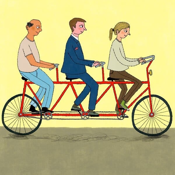 Cartoon-style illustration shows three people on a bicycle with three seats pedaling in unison