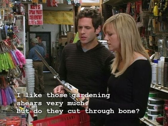 Screenshot from It's Alway Sunny in Philadelphia. Dennis and Dee in a hardware store holding a pair of gardening shears. Caption: I like those gardening shears very much. But do they cut through bone?"