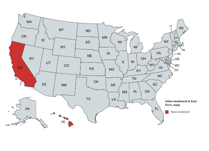 States Mentioned In Katy Perry Songs (r/terriblemaps)