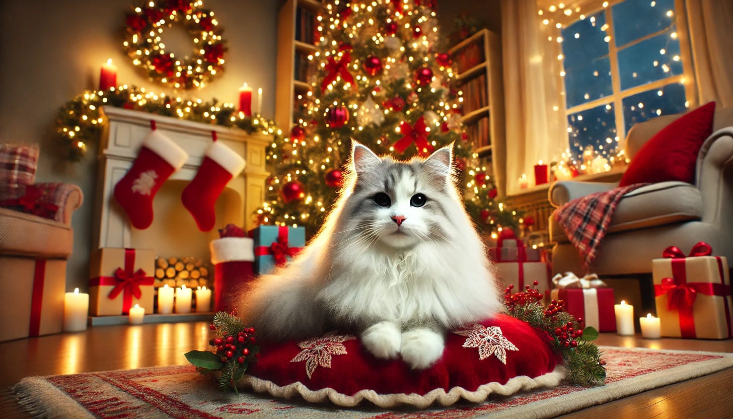 A cozy holiday Christmas scene featuring a beautifully decorated Christmas tree with warm white lights, red and gold ornaments, and a festive atmosphere. At the base of the tree, include a fluffy white and gray long-haired cat with light cream fur and gray facial markings, matching gray on the ears, sitting peacefully on a plush red tree skirt. The background showcases a warm living room with bookshelves, holiday stockings, glowing candles, and wrapped presents under the tree. 