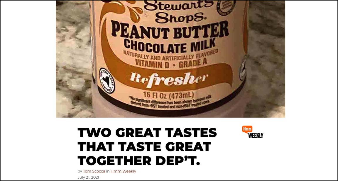 Screenshot from the Hmm Weekly article showing part of the label of a bottle of Stewart's Shops PEANUT BUTTER CHOCOLATE MILK
