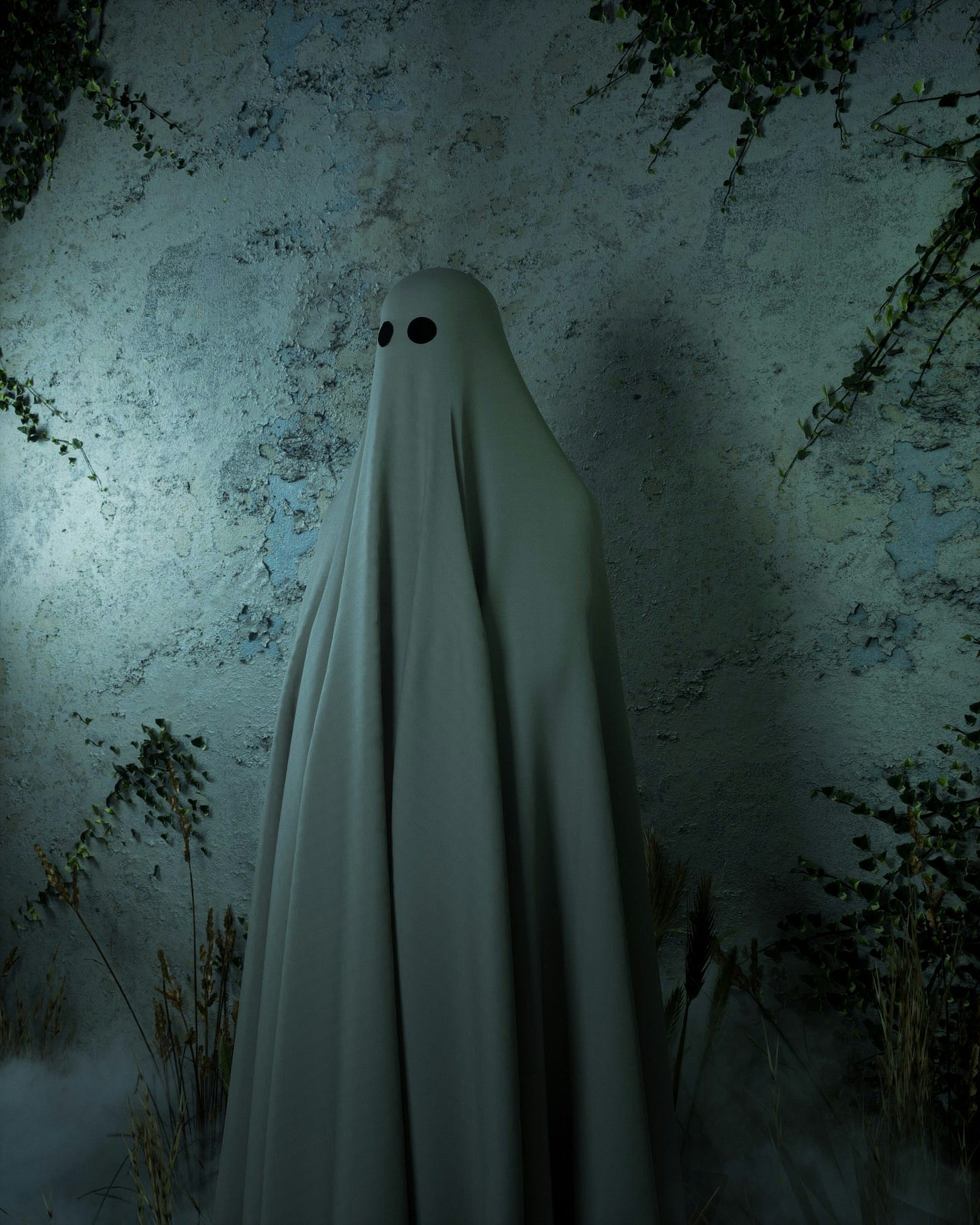 A person wearing a sheet to look like a ghost against a cement wall with vines protruding 