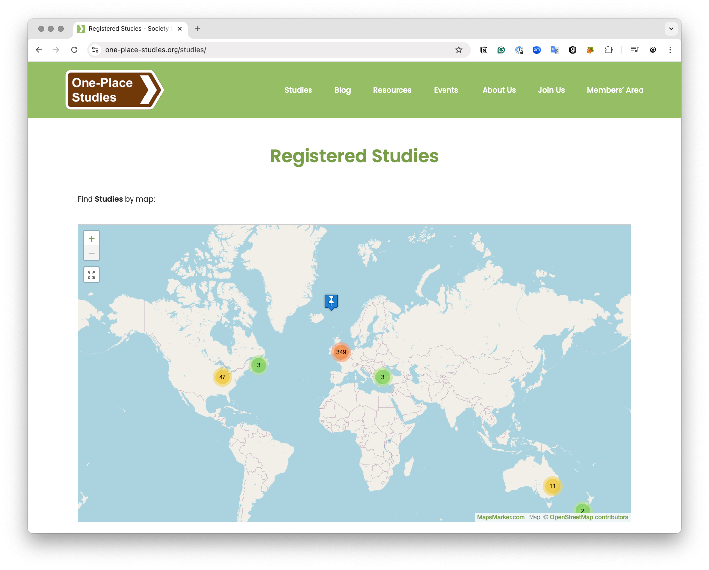 Screenshot from the society for one-place studies showing the global map of registered locations