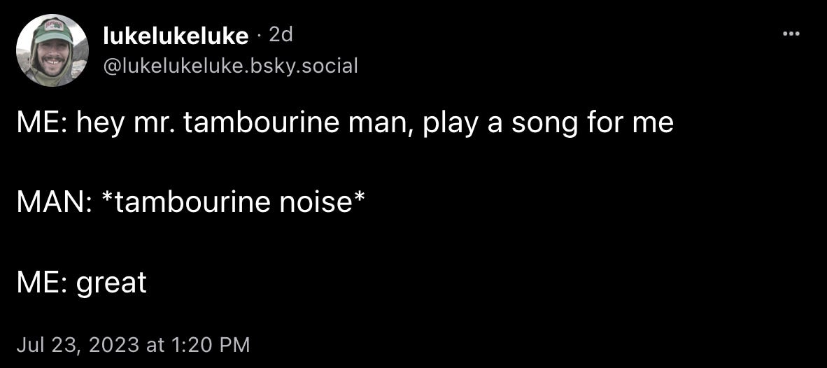 lukelukeluke skeeted: “ME: hey mr. tambourine man, play a song for me / MAN: *tambourine noise* / ME: great”