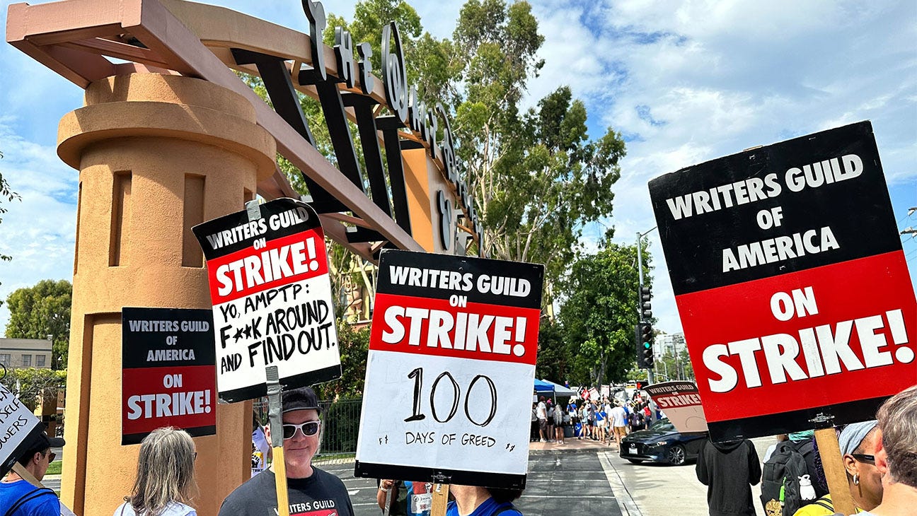 Picketers outside Disney offices on the 100th day of the Writers Guild strike, on Aug. 9.