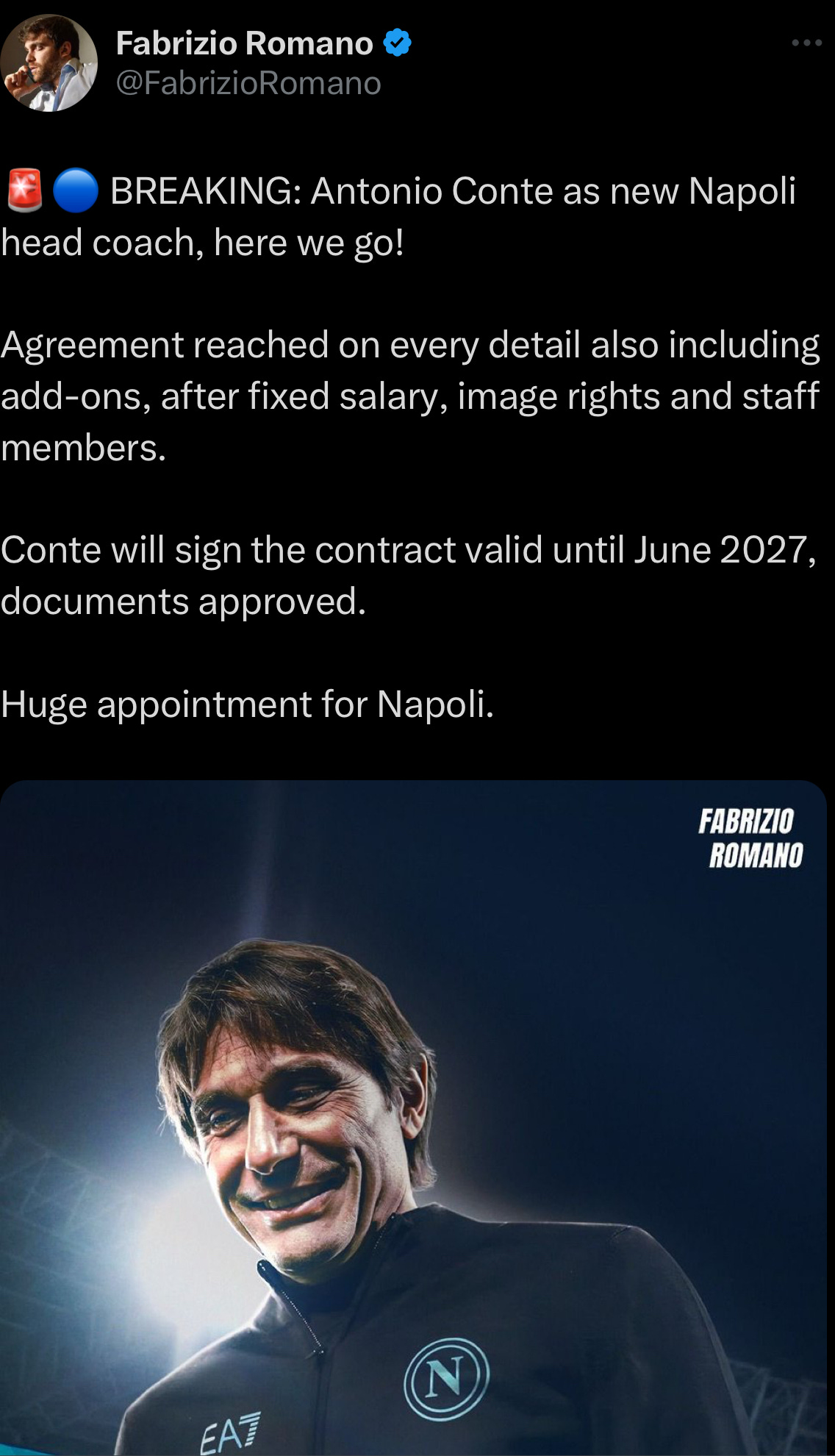 A tweet from Fabrizio Romano confirming Antonio Conte's move to Napoli.