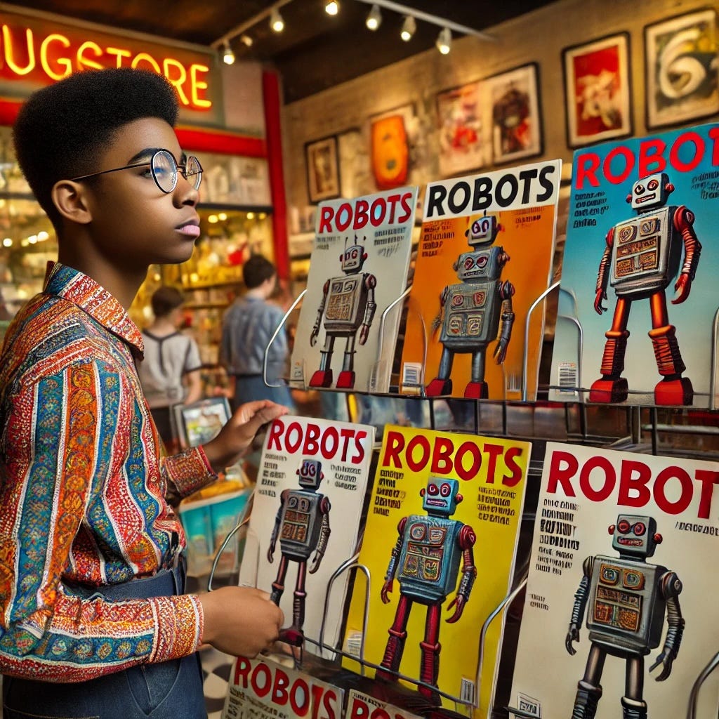 A young person wearing a colorful patterned shirt and round glasses stands in front of a magazine rack, examining issues of a magazine titled "ROBOTS." Each magazine cover features a vintage-style robot illustration, with various background colors including white, yellow, orange, and blue. The setting appears to be a retro-style store with a neon “DRUGSTORE” sign in the background, shelves with displayed items, and framed pictures on the wall.