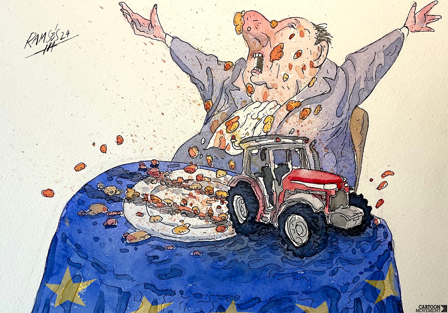 A man sits air a table with a tablecloth that has the EU flag on it, staring in consternation down at his plate with his arms in the air. A small tractor is driving across his plate, ruining his meal.