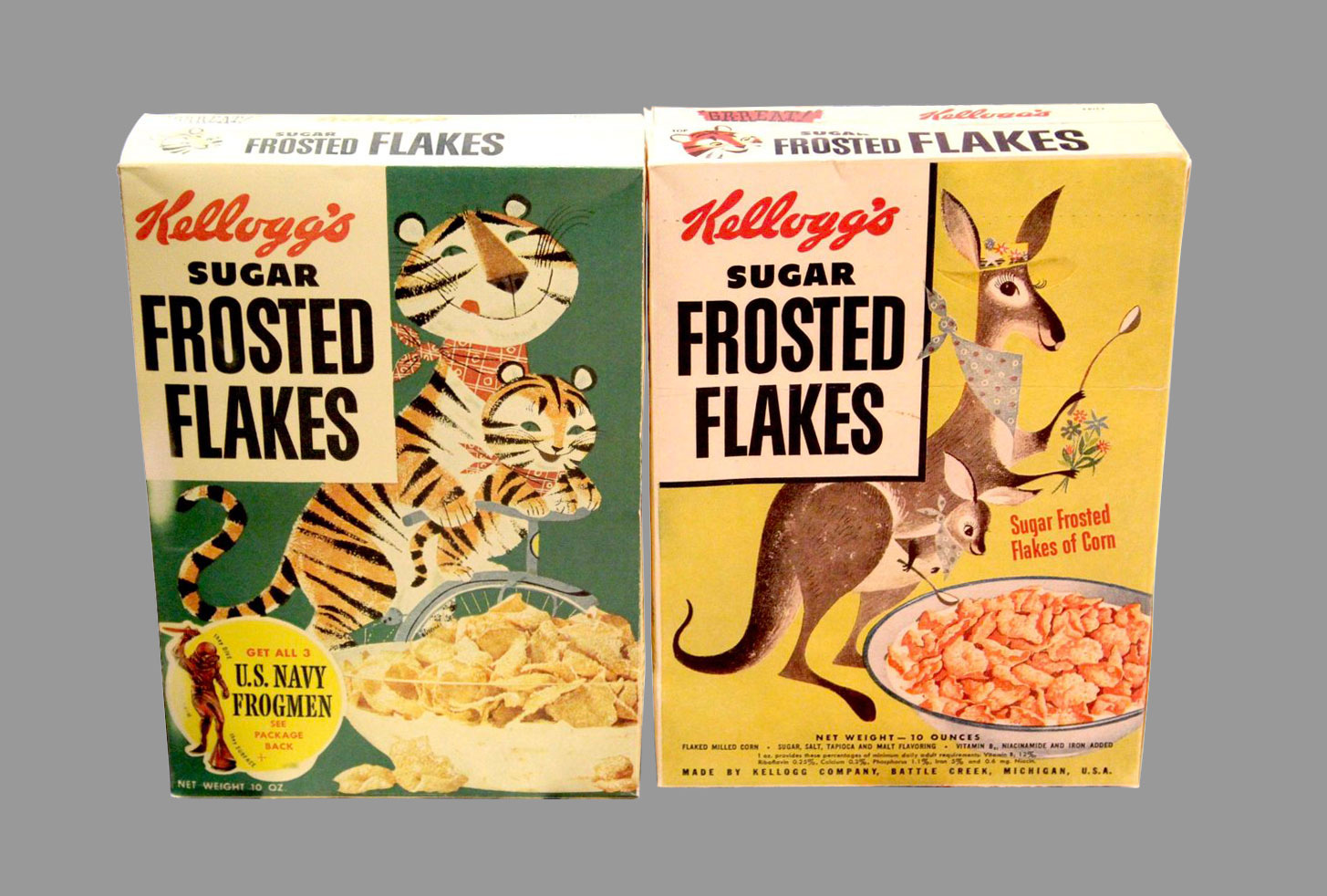 Boxes of frosted flakes showing Tony the Tiger and Katy the Kangaroo. 