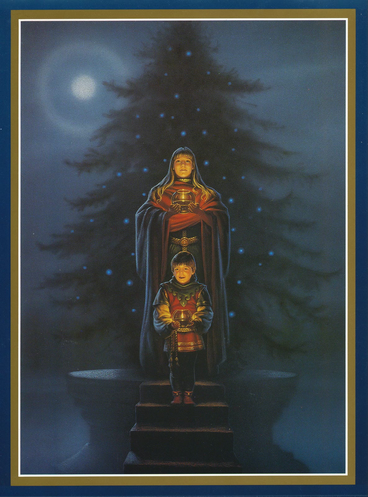 Two children, Alexa (age 11) and Adrian (age 3), dressed in fancy Christmas garb present open topped vessels filled with water containing a solitary flame. They stand on a platform with the younger Adrian on the stairs below her, wearing a red tunic with white sleeves. A green hood falls back to expose his brown hair and an expression of wonder. His glances off-center past the audience. Light illuminates Alexa, as she poses proudly staring forward. The wrap of her red cloak falls over her shoulders to cover her torso. A gold belt and green dress can be seen beneath. Behind the children rises a loosely rendered Christmas tree with blue lights. At the top of the panel left, the glow of a lunar orb ringed with a halo is the only detail in the sky.