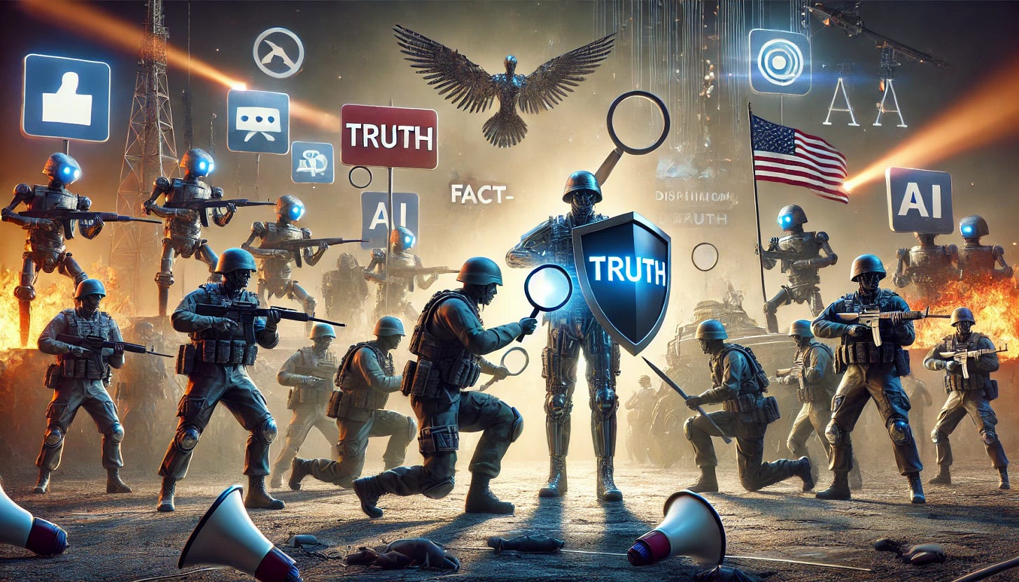 A battlefield where soldiers represent vigilant citizens and journalists armed with digital tools like magnifying glasses, fact-checking icons, and shields made of truth. Opposing them are AI-powered bots and shadowy figures representing state-sponsored disinformation. The scene is dramatic, symbolic, and photorealistic, with a blend of technology and human determination, rendered in high detail and cinematic lighting.