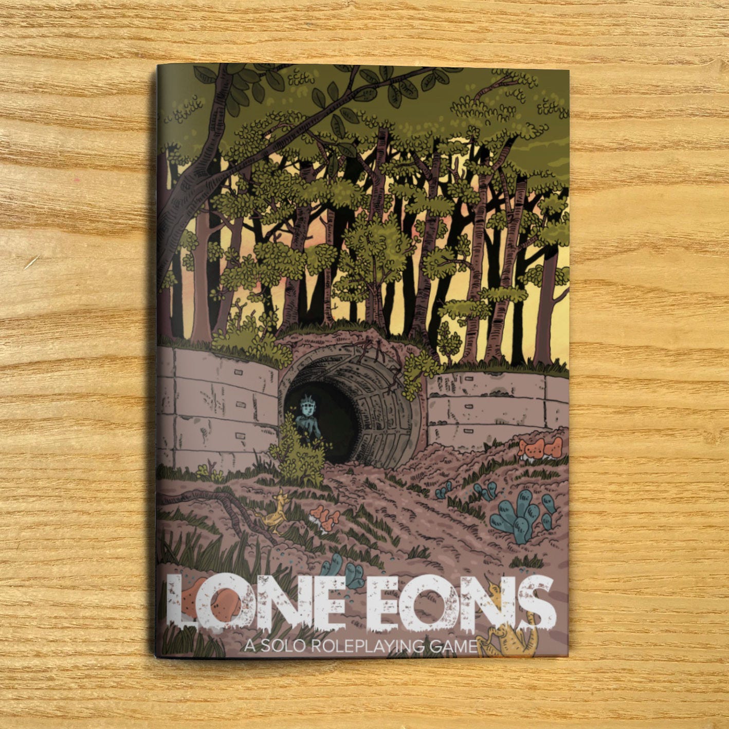 An image of the Lone Eons zine. It features a landscape of alien wildlife and overgrown structures.