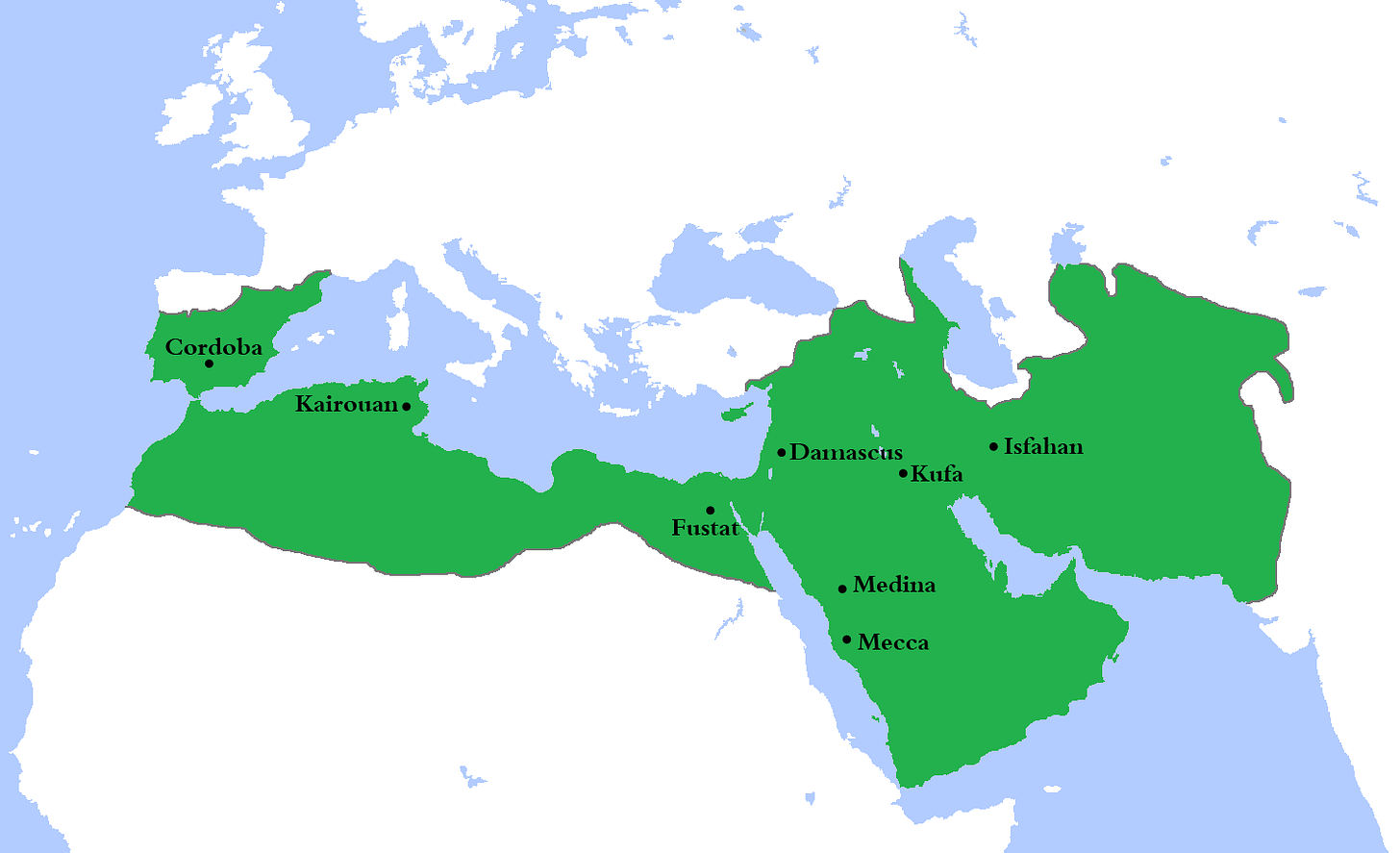 This map shows the extent of the Umayyad Empire in 750 CE