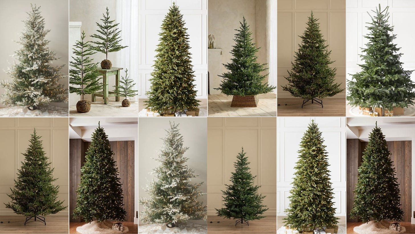 A dynamic collage of artificial Christmas trees in various settings and sizes. From slim Nordic spruces to fuller pre-lit firs, each tree is styled differently, with modern, rustic, and traditional designs that evoke a festive holiday mood. The trees are displayed in cozy indoor settings, perfect for inspiring holiday decor ideas.