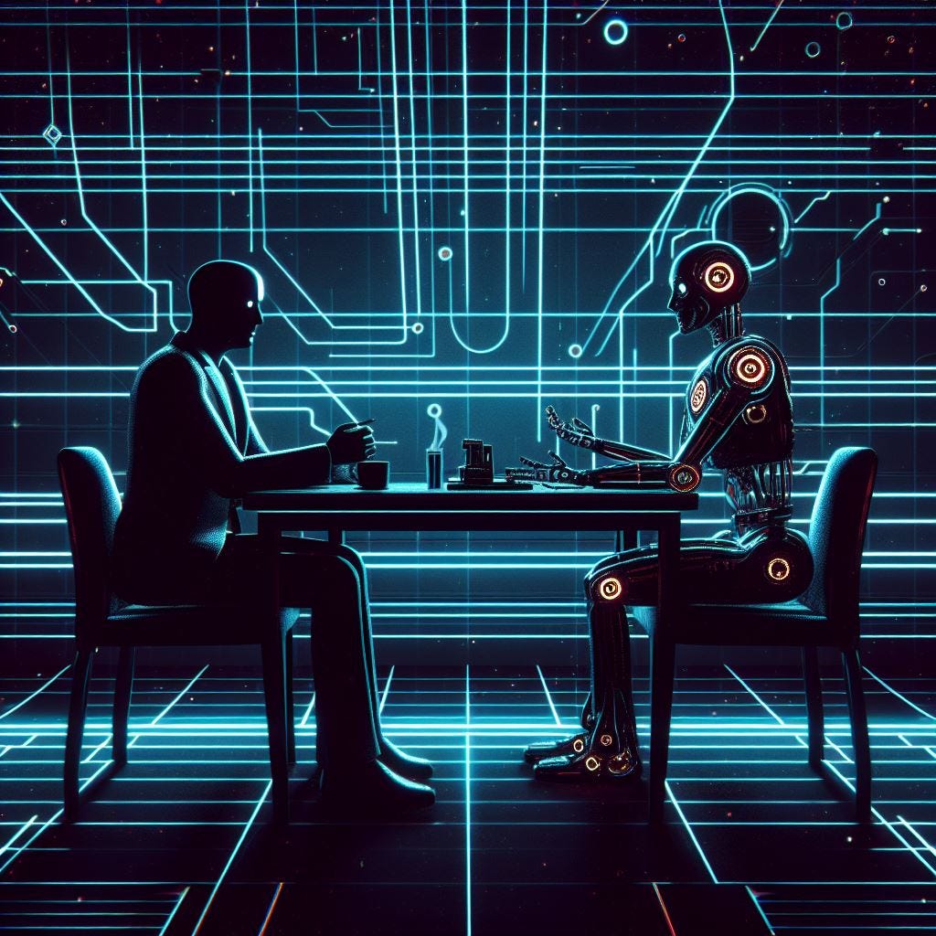 A human and a humanoid robot sit opposite each other at a table.  there's neon lining in the background.  The two appear in discussion.