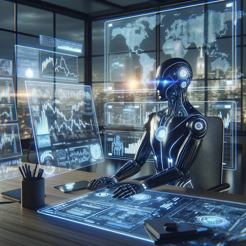 A digital illustration of an AI avatar, represented as a humanoid figure with a sleek, futuristic design, featuring glowing circuit patterns on its surface. The avatar is seated at a modern desk, surrounded by multiple holographic screens displaying various stock market graphs and data. The environment suggests a high-tech office space, with a city skyline visible through a large window in the background. The AI avatar is intently analyzing the screens, symbolizing its involvement in stock market investments.