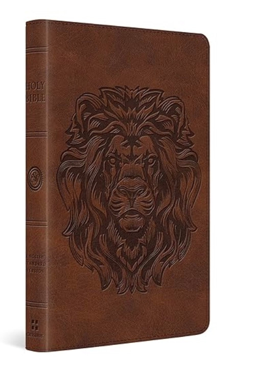 A brown thin line ESV Bible with Lion imprinted on cover