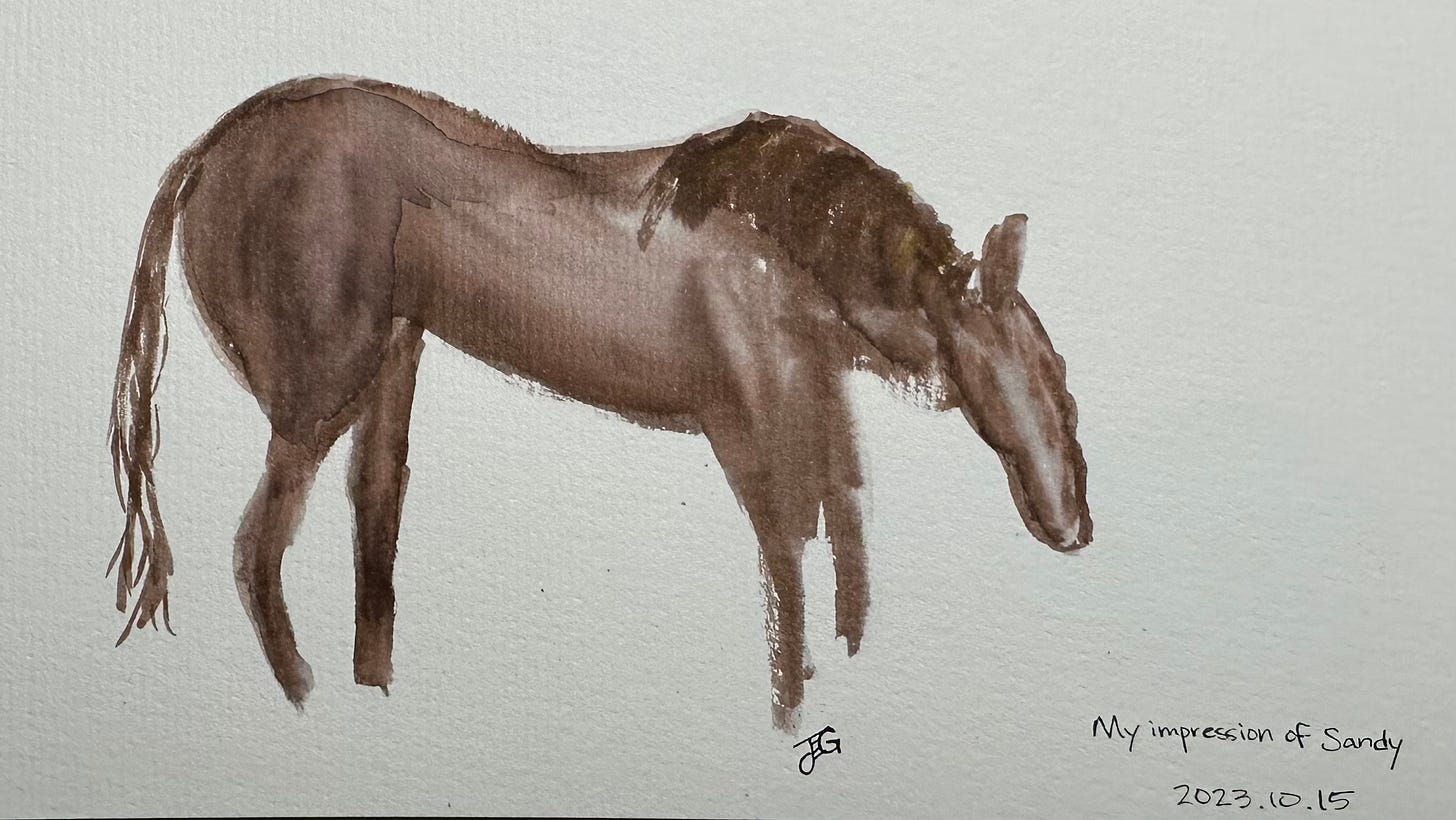 A watercolor of a brown horse with her head down a bit.
