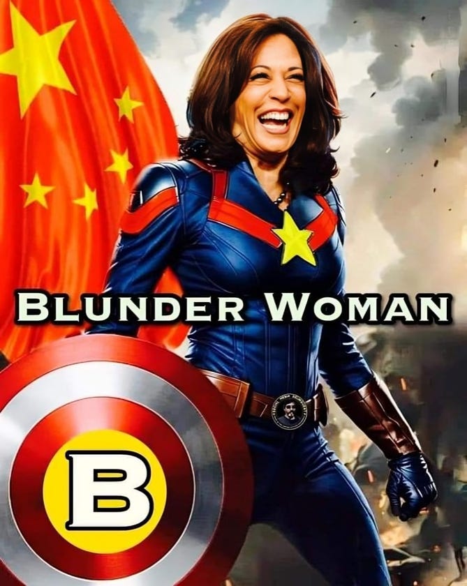 Satirical image of Kamala Harris as 'Blunder Woman' in a superhero outfit with a communist symbol in the background.