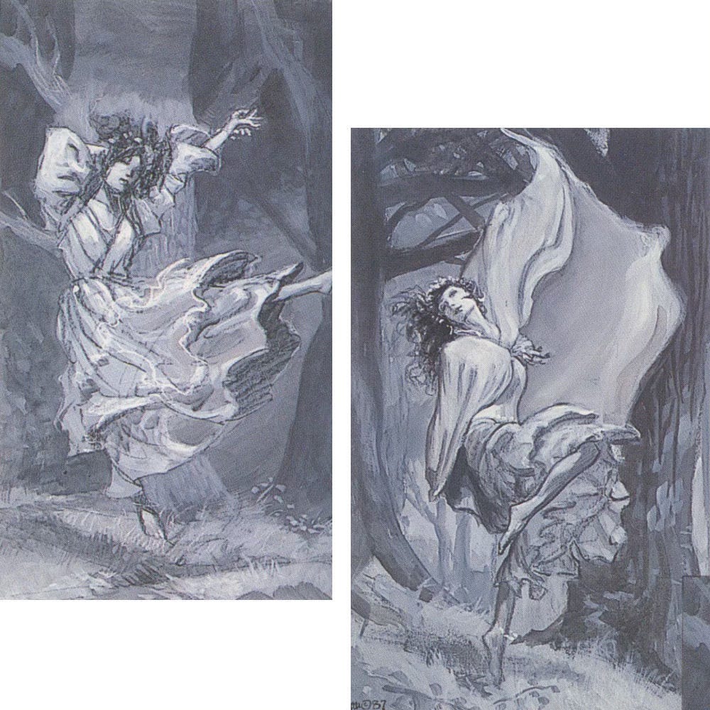 A pair of tonal concepts for ORB featuring a woman in dance. The first shows her with one hand behind her head, the other arm out and her leg raised in a kick. The second features her cape throw out as she high steps.