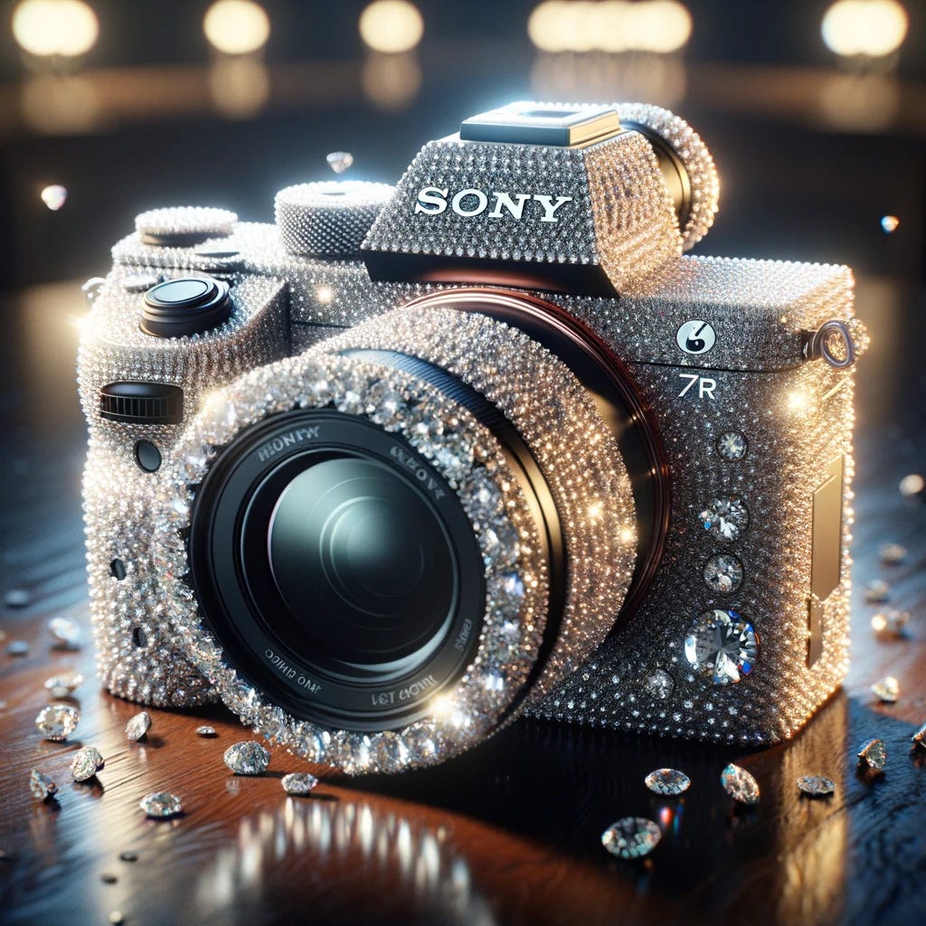 DALL·E 2024-02-18 18.27.03 - Imagine a luxurious Sony A7R camera, its body lavishly encrusted with shimmering diamonds that.webp