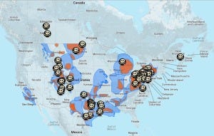 A map of "fraccidents"-- environmental "accidents" related to fracking. (Image credit: Earth Justice)