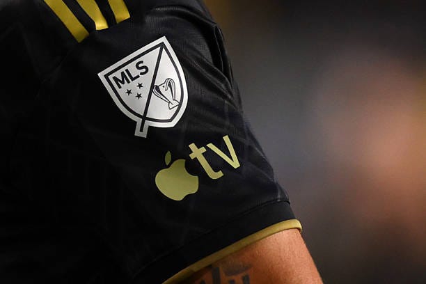 Detail of the MLS and Apple TV logos on an Los Angeles Football Club jersey during the 2023 MLS Cup at Lower.com Field on December 09, 2023 in...