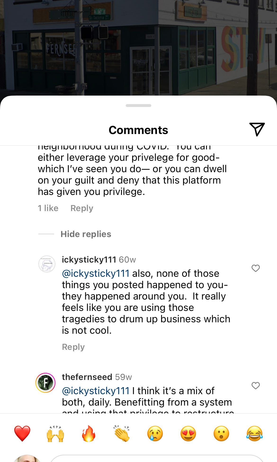 screen grab of instagram comment conversation