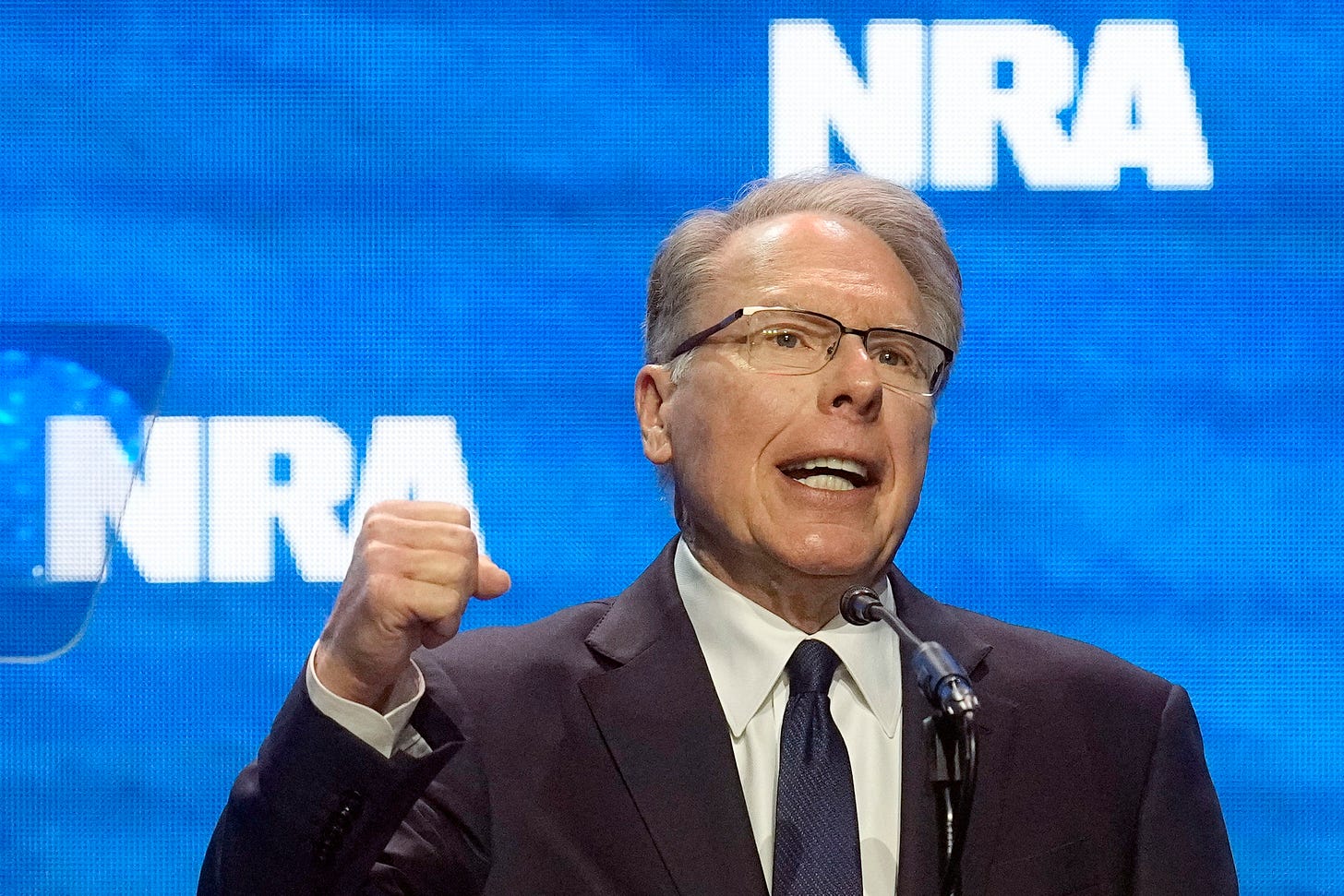 FILE - Wayne LaPierre, CEO and executive vice-president of the National Rifle Association, addresses the National Rifle Association Convention, April 14, 2023, in Indianapolis. The National Rifle Association of America (NRA) announced Friday, Jan 5, 2025, that LaPierre said he is stepping down from his position as chief executive of the organization, effective Jan. 31. (AP Photo/Darron Cummings, File)