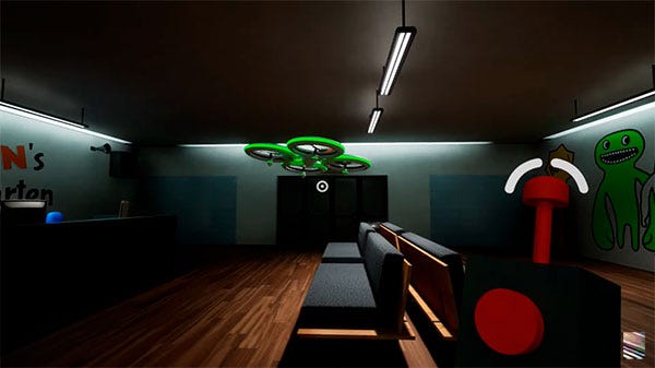 A screenshot from Garten of Banban, showing the pilotable drone, which consists of 4 disks powered by fans. We can see the remote control the player is holding in the bottom right.