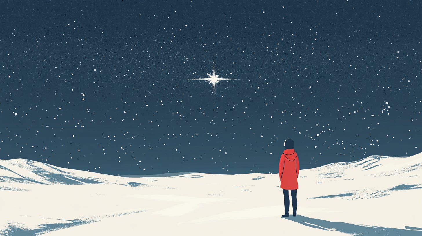 A person standing in a snowy environment at night and looking at a starry sky, including the North Star.