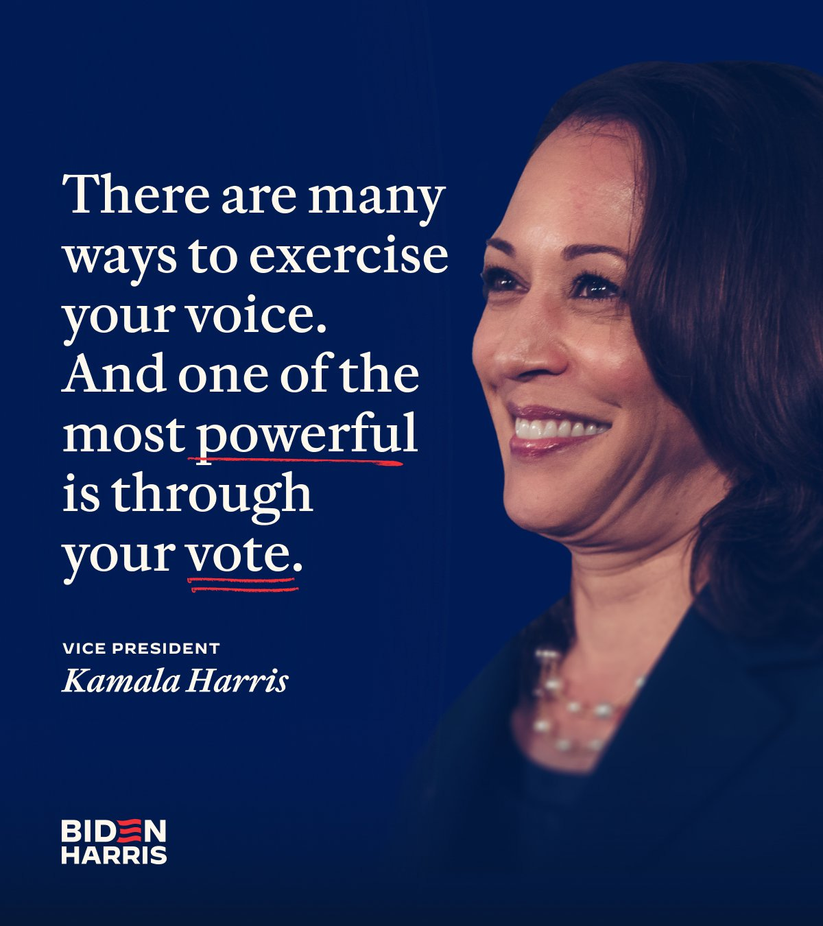 A graphic with an image of Vice President Kamala Harris that reads: 

"There are many ways to exercise your voice. And one of the most powerful is through your vote." 

Vice President Kamala Harris