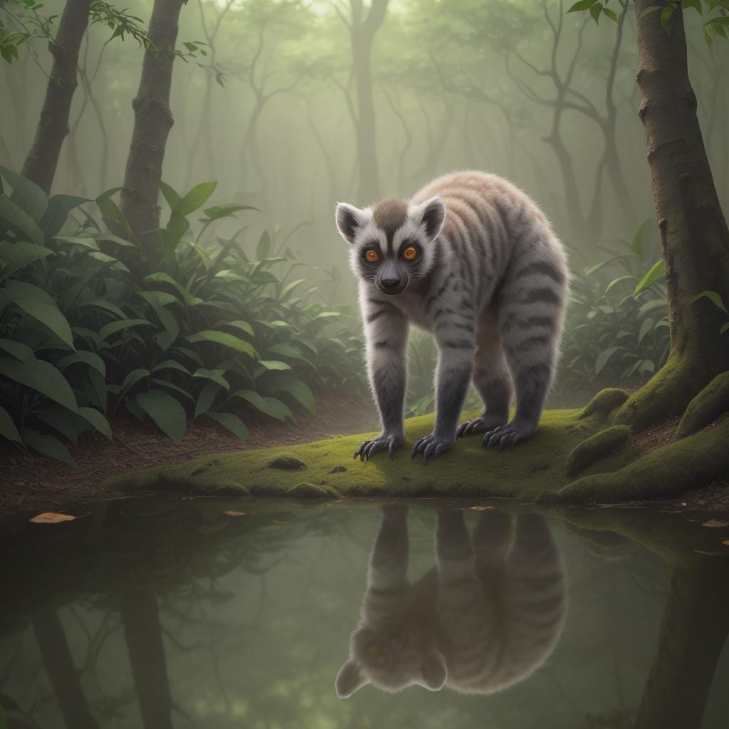 A sentient lemur looks at his reflection in a well, surrounded by trees from a fantasy forest.