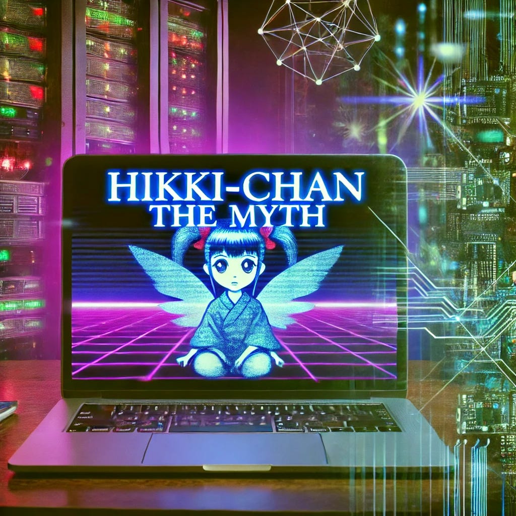 A cyberpunk-style, high-definition image of a laptop screen displaying 'Hikki-Chan: The Myth' with distorted and glitching visuals. The background features dark neon-lit servers and a web of digital connections symbolizing misinformation spreading online. The tone is mysterious and engaging.